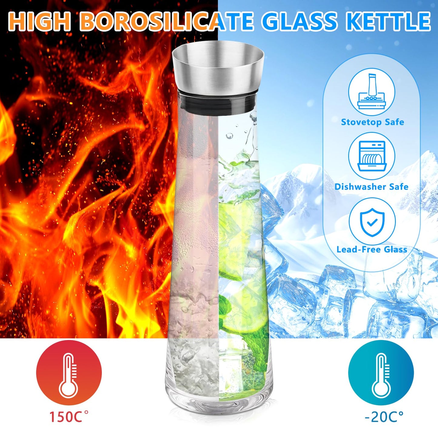 POWZOO Glas-Karaffe,Wasserkaraffe Glas (1.5 Liter),Glaskaraffe mit Deckel Edelstahl und Ausgießer, Saft Getränkekaraffe,Karaffe aus Glas für hausgemachte,Getränke/Eistee/Milch/Kaffee/Wein