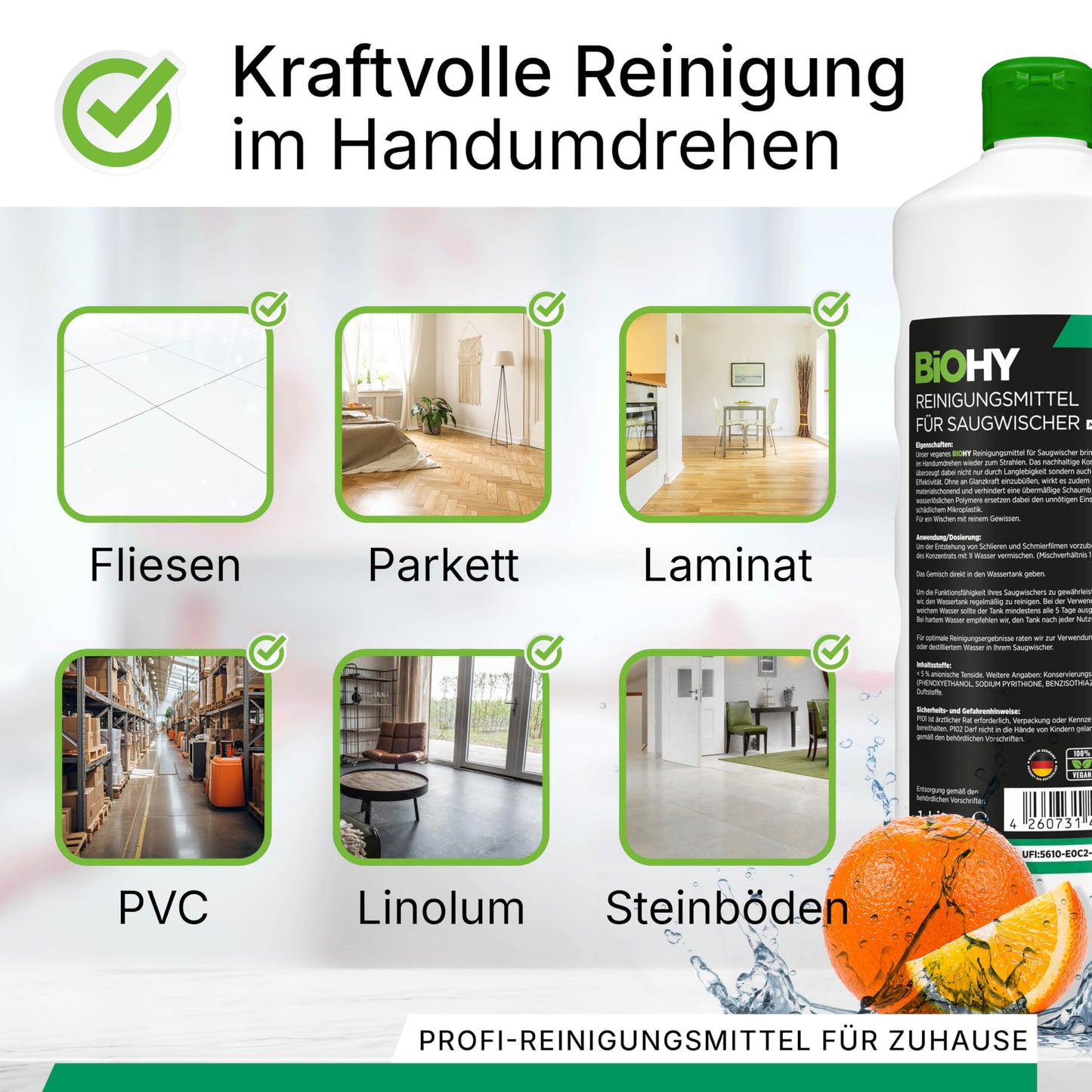BiOHY Reinigungsmittel für Saugwischer mit Orangenduft (1l Flasche) | 1:200 Konzentrat für alle Nass-Trockensauger | ideal für Fliesen, PVC, Parkett, Laminat & Teppich | streifenfreier Glanz