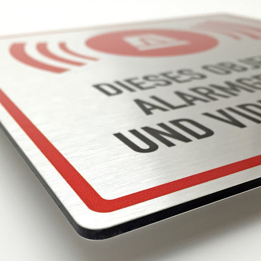 Schild Alarmanlage "Objekt alarmgesichert und videoüberwacht", edle Optik, silber gebürstet, Aluverbund, 20x20cm