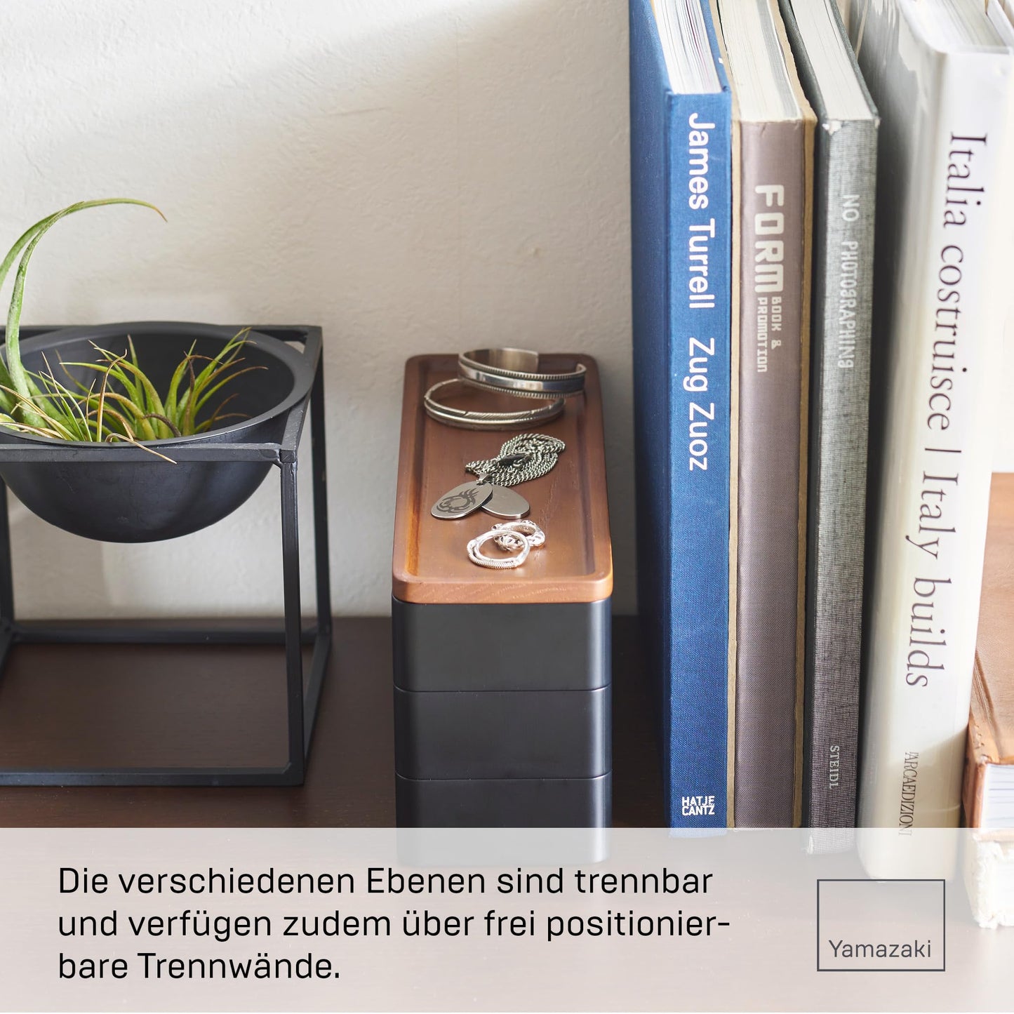 Yamazaki 5810 RIN 3-stöckige schmale Accessoirebox mit Deckel, schwarz, ABS-Harz/Holz, minimalistisch, 24 x 8 x 11.5 cm
