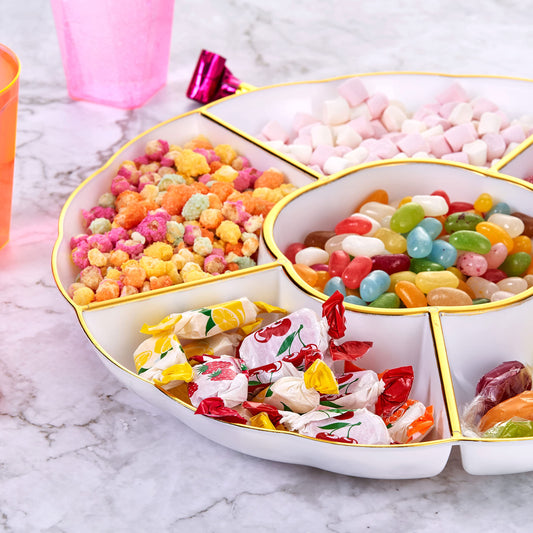 MATANA 5 Weiße Snackteller mit Goldrand & 6 Fächern (Kunststoff, 31cm) - Servierteller, Snackschalen & Dipschalen - Picknick & Partys - Elegant, Stabil & Mehrweg