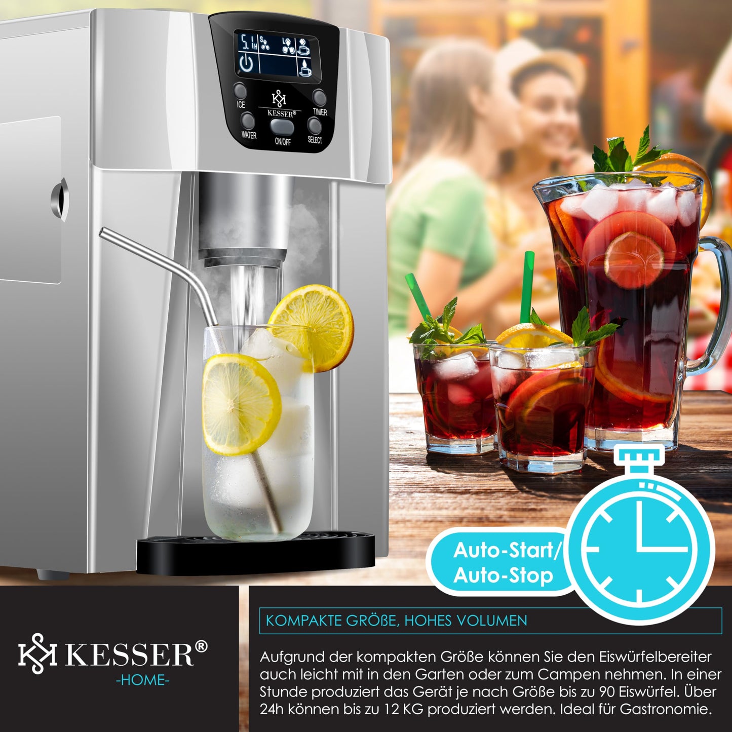 KESSER® Eiswürfelbereiter | Eiswürfelmaschine Edelstahl | 100W Ice Maker | 12 kg 24 h | 2 Würfelgrößen | Zubereitung in 6 min | 2 Liter Wassertank | Timer | LCD-Display | Wassertank, Silber