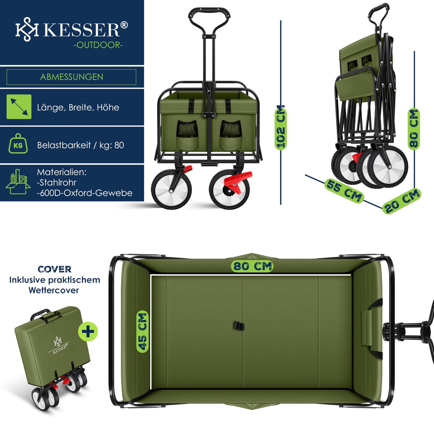 KESSER® Bollerwagen faltbar Handwagen Transportkarre Gerätewagen | inkl. 2 Netztaschen & Cover | klappbar | PVC-Reifen | bis 80 kg Tragkraft transportwagen Gartenanhänger ohne Dach, Khaki/Schwarz
