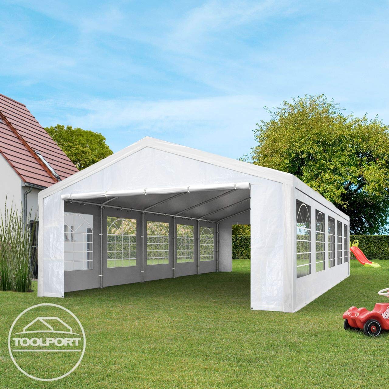 TOOLPORT Partyzelt Pavillon 4x5 m in weiß PE Plane 350 N Wasserdicht UV Schutz Festzelt Gartenzelt