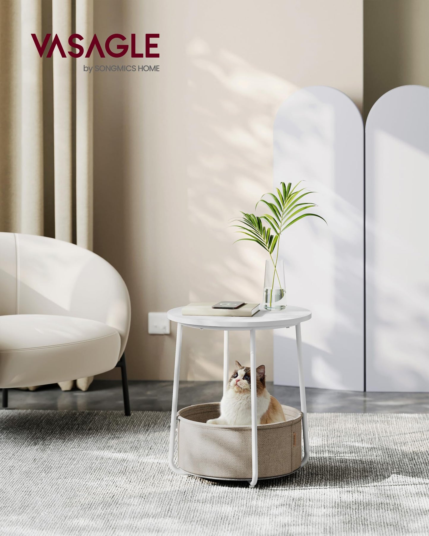 VASAGLE Beistelltisch rund, Kleiner Tisch, Couchtisch klein, Wohnzimmertisch, Korb aus Stoff, Stauraum für Wohnzimmer Schlafzimmer, Nachttisch modern, mattweiß-Kamelbraun LET223W10