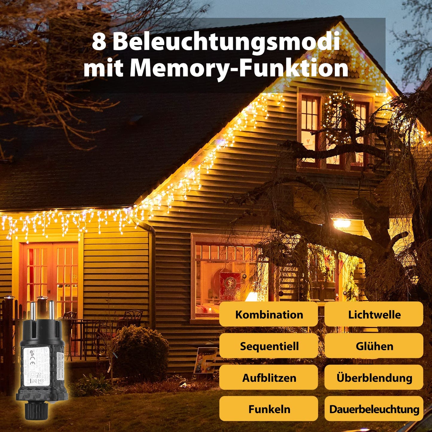 SALCAR LED Eisregen Lichterkette Außen, 200er Lichtervorhang Fenster 8m Weihnachten Beleuchtung (5m Lichterkette + 3m Stromkabel) Innen 31V mit 8 Beleuchtungsmodi und Memory-Funktion, Warmweiß