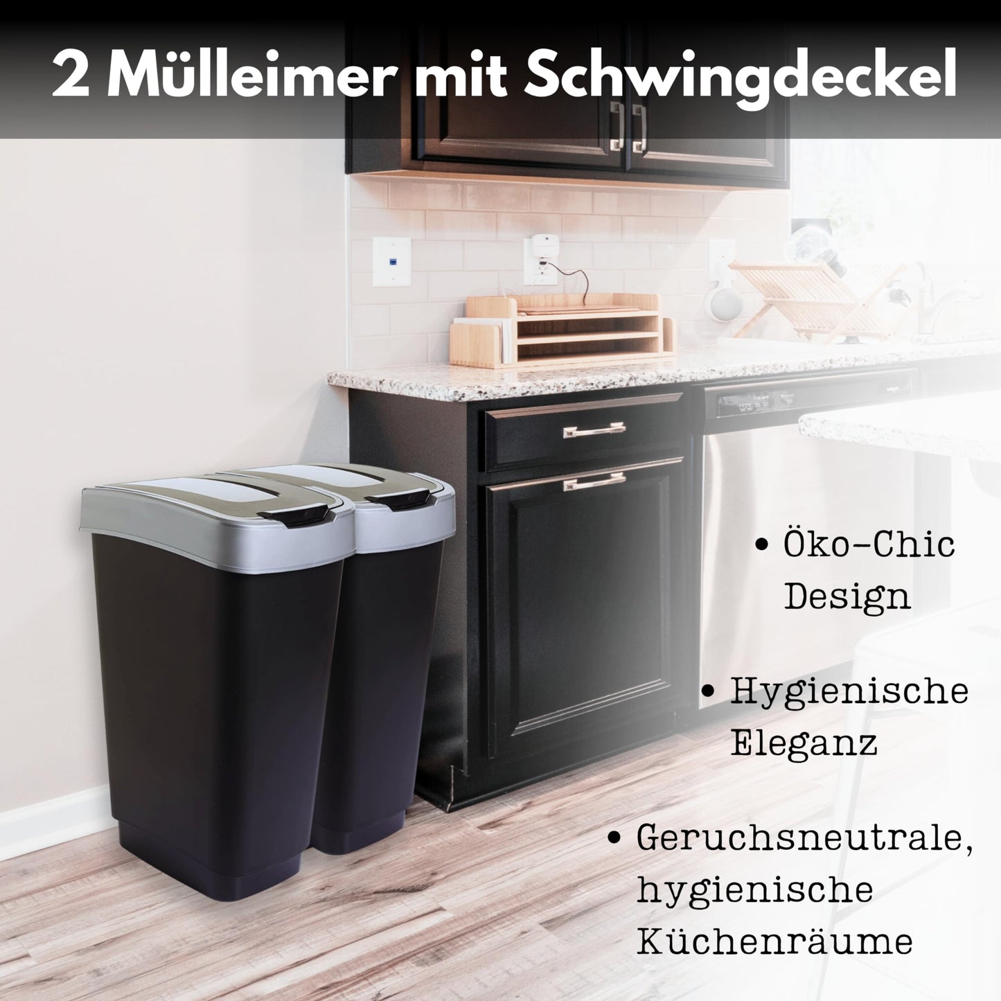 SUSTANIA Duo Mülleimer Küche 2 Fächer 50L - Geruchsdicht Doppel Abfalleimer mit Schwingdeckel 2x50 Liter Groß, 60x45x34 cm, Robust Recycelbarer Kunststoff, Schwarz/Silber, Made in EU