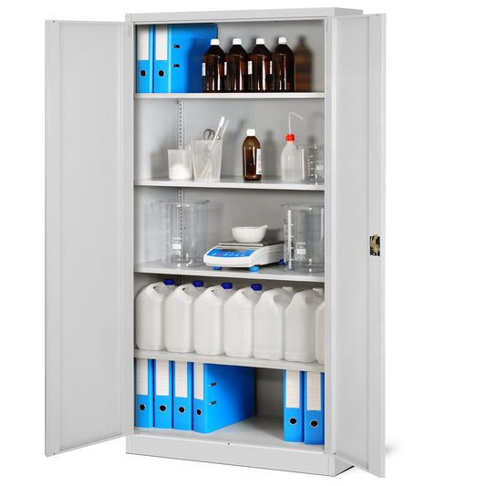 Jan Nowak Aktenschrank C001H in Grau – abschließbarer Metallschrank aus pulverbeschichtetem Stahlblech mit 4 verstellbaren Fachböden, ideal für Büro, Werkstatt oder Archiv