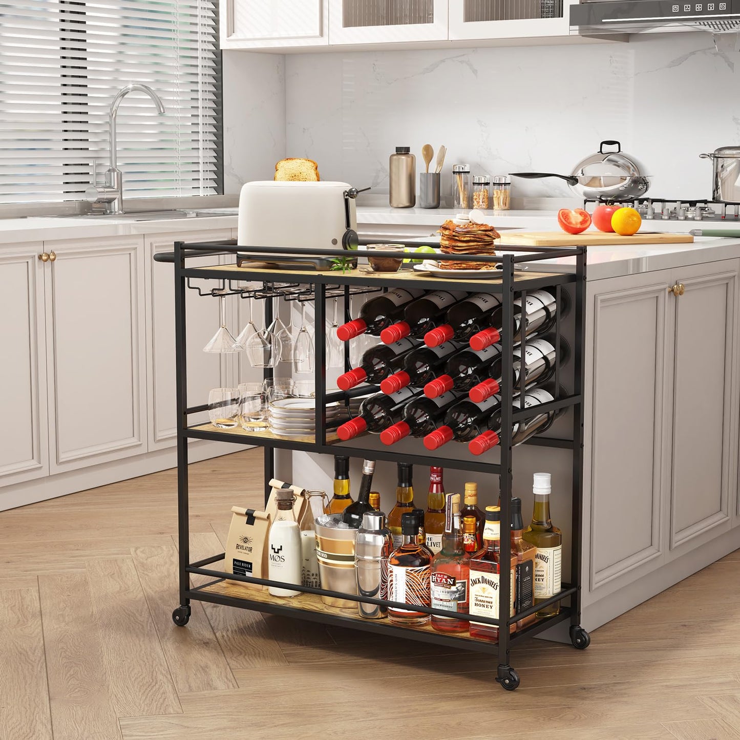 Lifewit Servierwagen, Barwagen mit 3 Ebenen und feststellbaren Rädern, 12 Weinfächern und 3 Reihen Glashalter, Küchenwagen,Cocktailwagen für Esszimmer Wohnzimmer, 80,2 x 33,2 x 86 cm, Braun-Rustikal