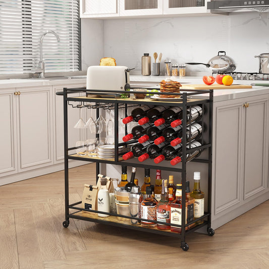 Lifewit Servierwagen, Barwagen mit 3 Ebenen und feststellbaren Rädern, 12 Weinfächern und 3 Reihen Glashalter, Küchenwagen,Cocktailwagen für Esszimmer Wohnzimmer, 80,2 x 33,2 x 86 cm, Braun-Rustikal