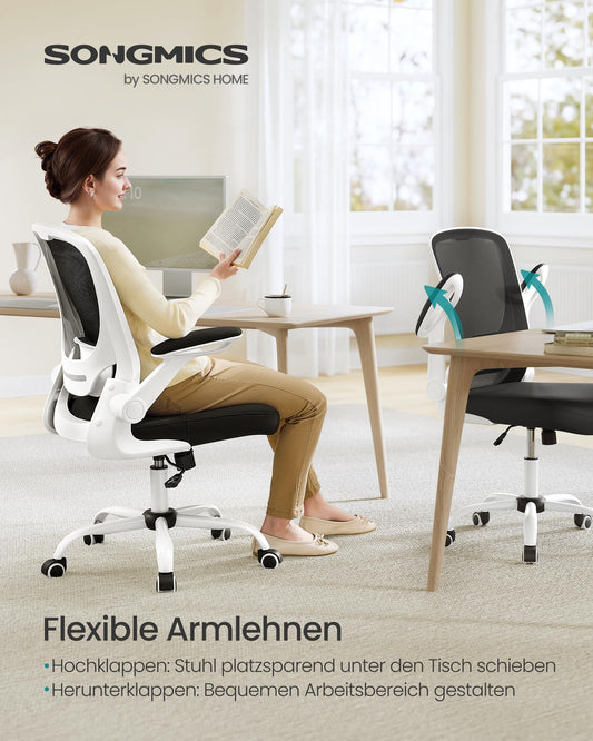 SONGMICS Ergonomischer Bürostuhl OBN37WT mit Lendenstütze & klappbaren Armlehnen, Schwarz-Weiß