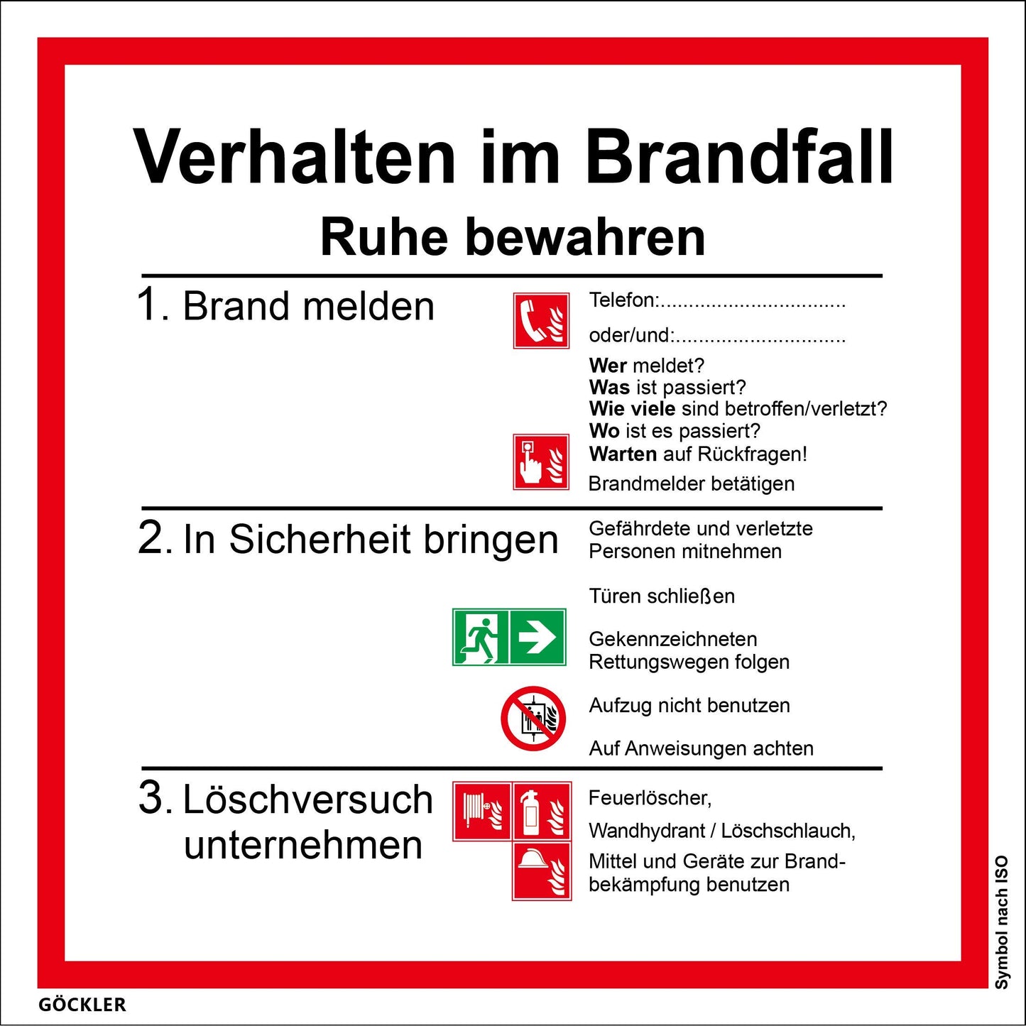 Brandengel® Hochwertiges Schild Verhalten im Brandfall Kunststoffplatte selbstklebend 200 x 200 mm DIN14096 Aushang auch für ausen DIN EN ISO 7010 (Verhaltensregeln, Brandschutz Feuer/Notfall)