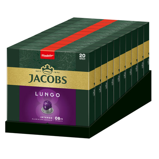 Jacobs Kaffeekapseln Lungo Intenso 8, Nespresso* kompatible Kapseln, Intensität 8/12, Intensive und herzhafte Noten, 200 Stück (10 x 20 Getränke)