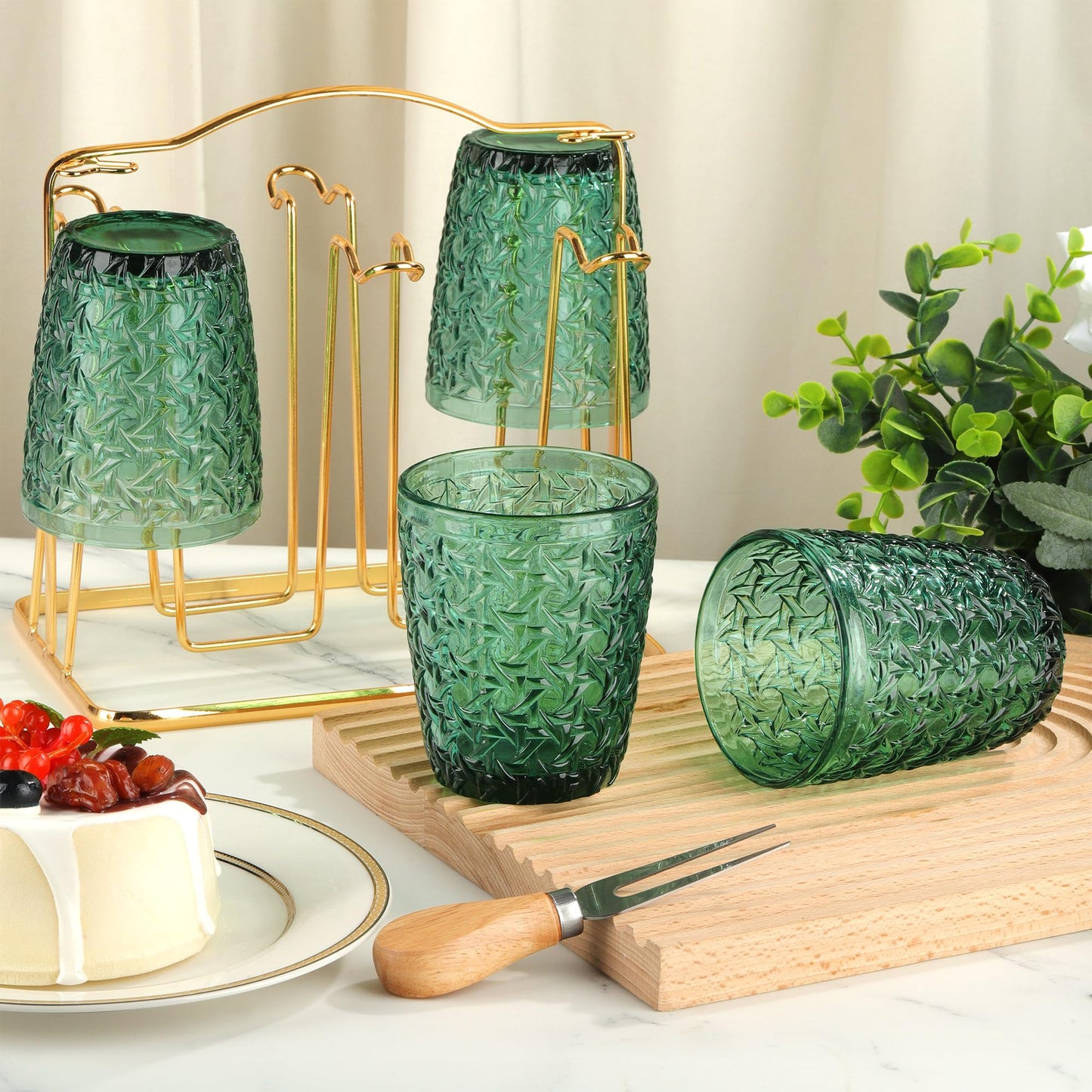 Joeyan 300ml Grün Gläser Set 6 Teilig,Vintage Trinkgläser Bunt mit Geprägtem Design,Farbig Wassergläser Spülmaschinenfest