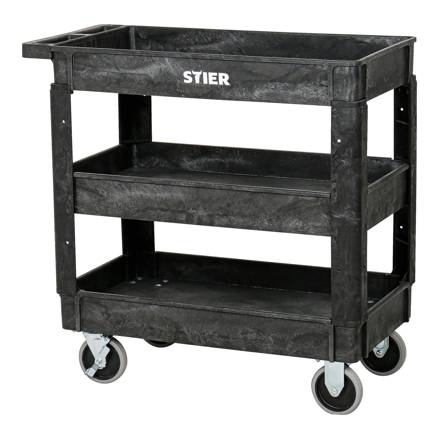 STIER Kunststoff-Vielzweckwagen, 3 Etagen, 250kg Tragkraft, 87x43x85cm, 2 Feststeller, Montagewagen, Werkzeugwagen, Rollwagen robust, Tool cart, Mehrzweckwagen
