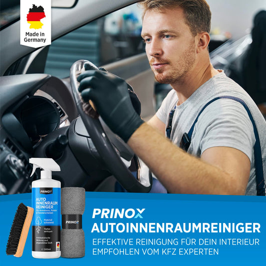 PRINOX® Profi Auto Innenraum Reiniger Set 500ml - Cockpitpflege für die Innen Reinigung von Kunststoff, Polster, Leder & Armaturen - Autopflege Innenraumreiniger mit Bürste - Cockpit Reiniger