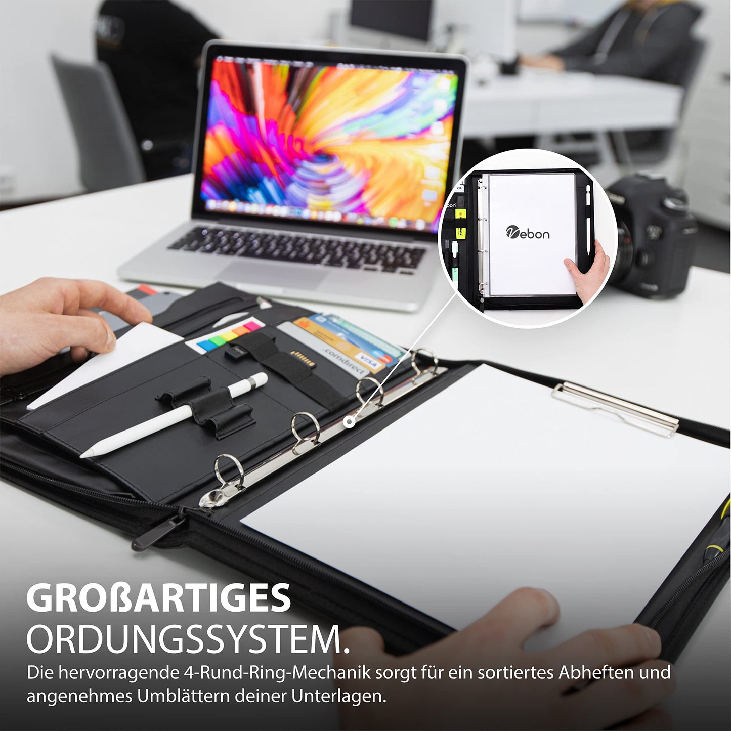 Vebon® Schreibmappe Ringbuch A4 Berlin I Reißverschluss + Klemmbrett I Konferenzmappe + Laptoptasche I extra Stauraum I Schwarz I Kunstleder