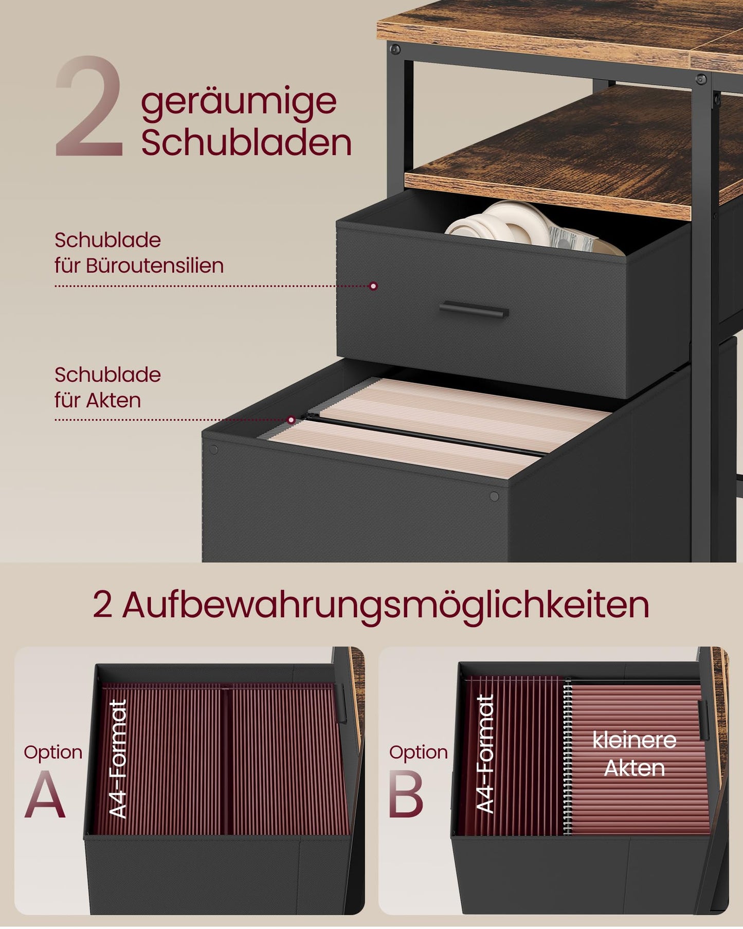 VASAGLE Computertisch, Bürotisch, Schreibtisch, mit 3 Ablagen, 2 Schubladen, 160 x 60 x 76 cm, fürs Büro, Wohnzimmer, Industrie-Stil, vintagebraun-schwarz LWD105K01