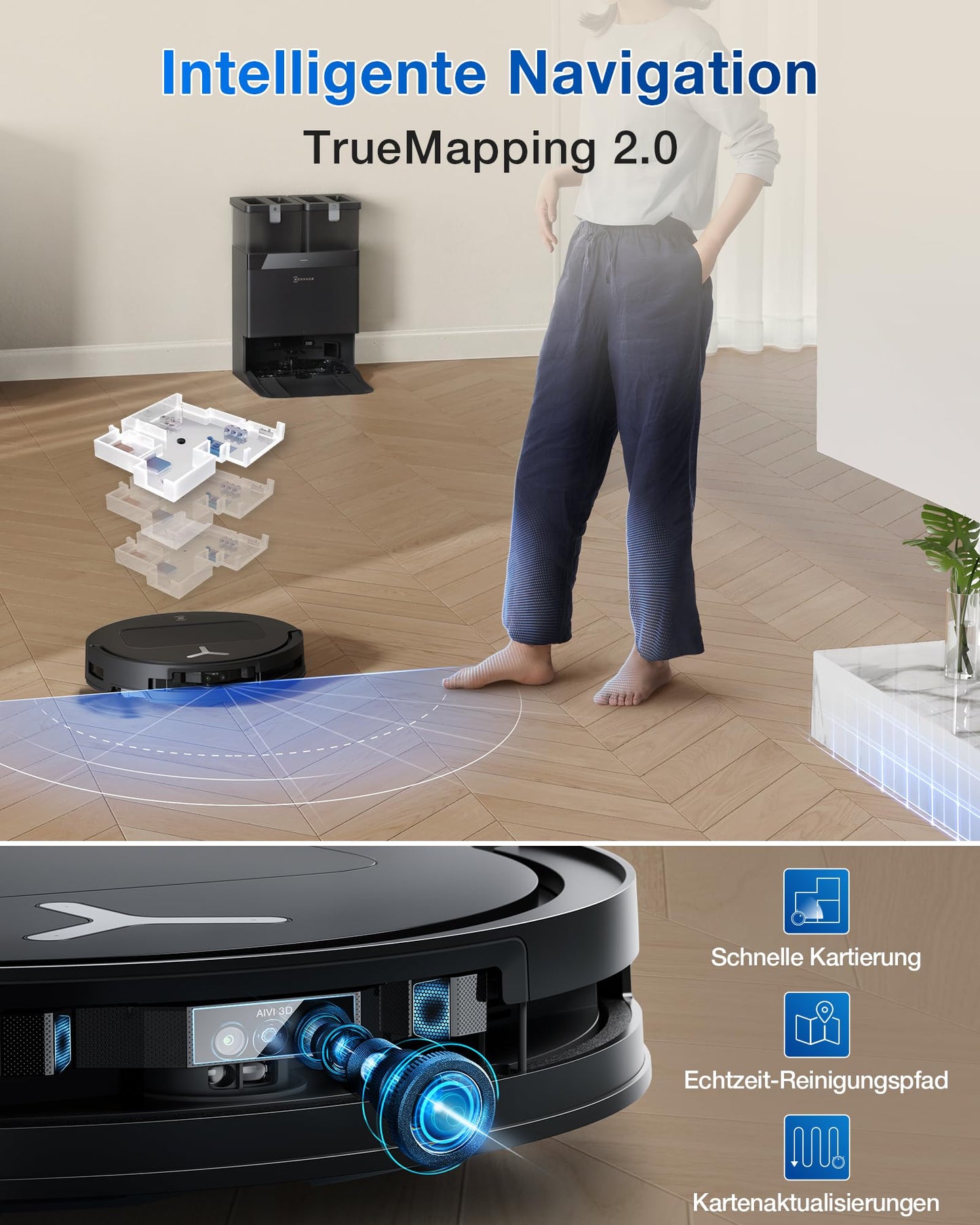 ECOVACS DEEBOT T50 Omni Saugroboter mit Wischfunktion,15.000 Pa, Ausziehbare Seitenbürste und Mopp, ZeroTangle 2.0, Moppwäsche mit 75°C heißem Wasser, All-in-One Station, ultradünn 81 mm, Schwarz
