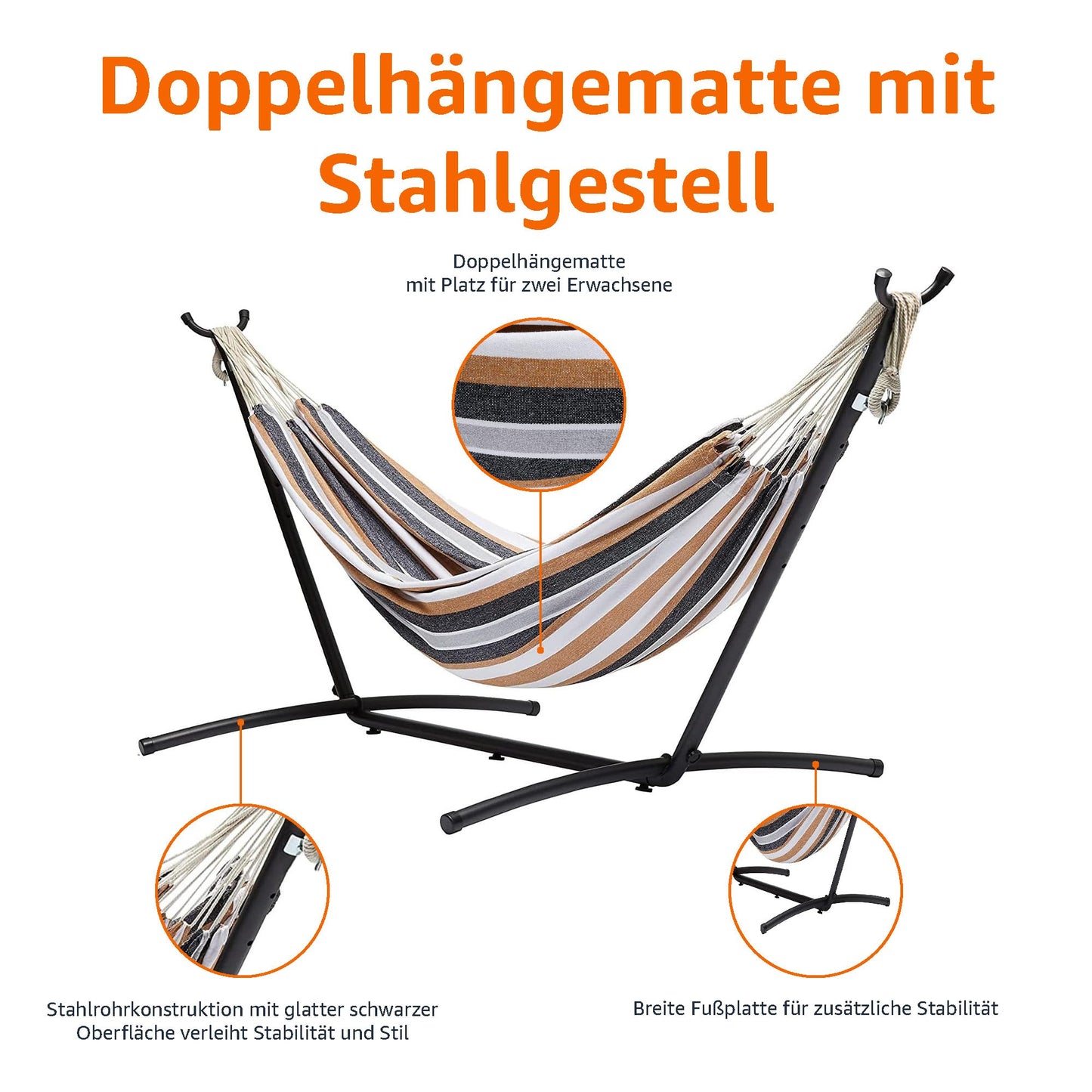 Amazon Basics Hängematte mit Gestell, Stoff, One Size, 117 cm x 300 cm x 100 cm, Mehrfarbig