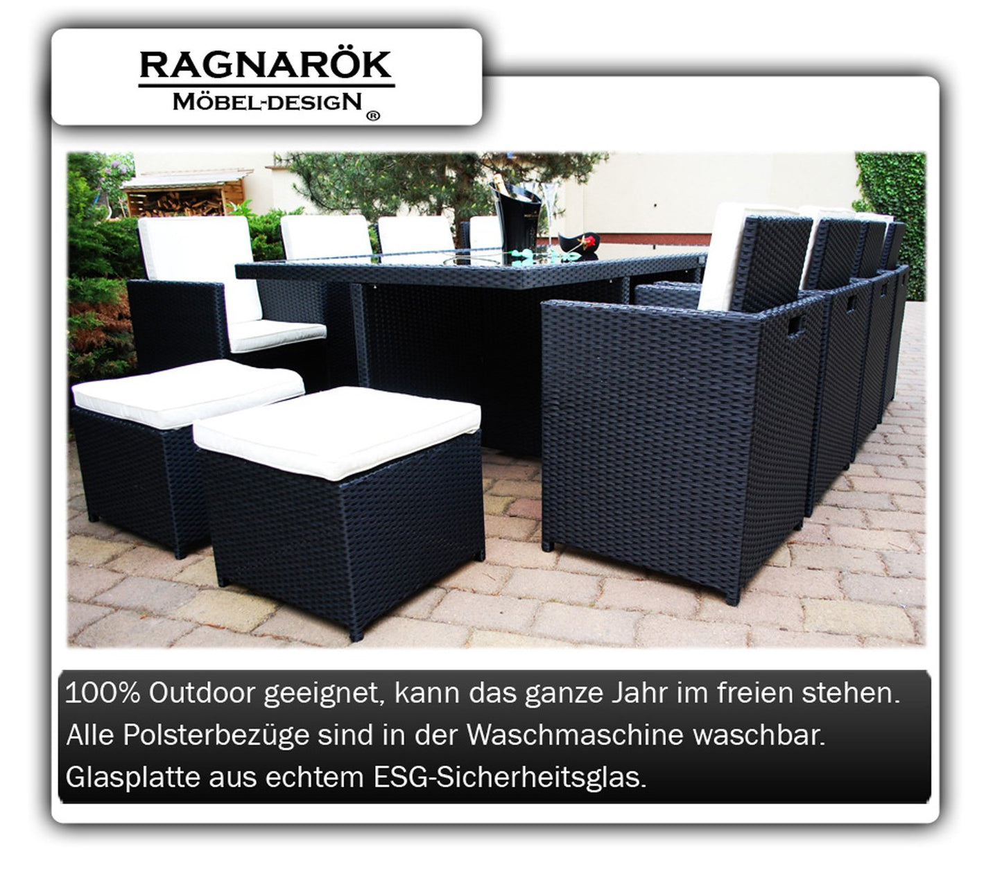 Ragnarök-Möbeldesign Wieland Premium PolyRattan Essgruppe - Deutscher Hersteller - 8 Jahre GARANTIE - Tisch Stuhl Hocker schwarz Aluminium