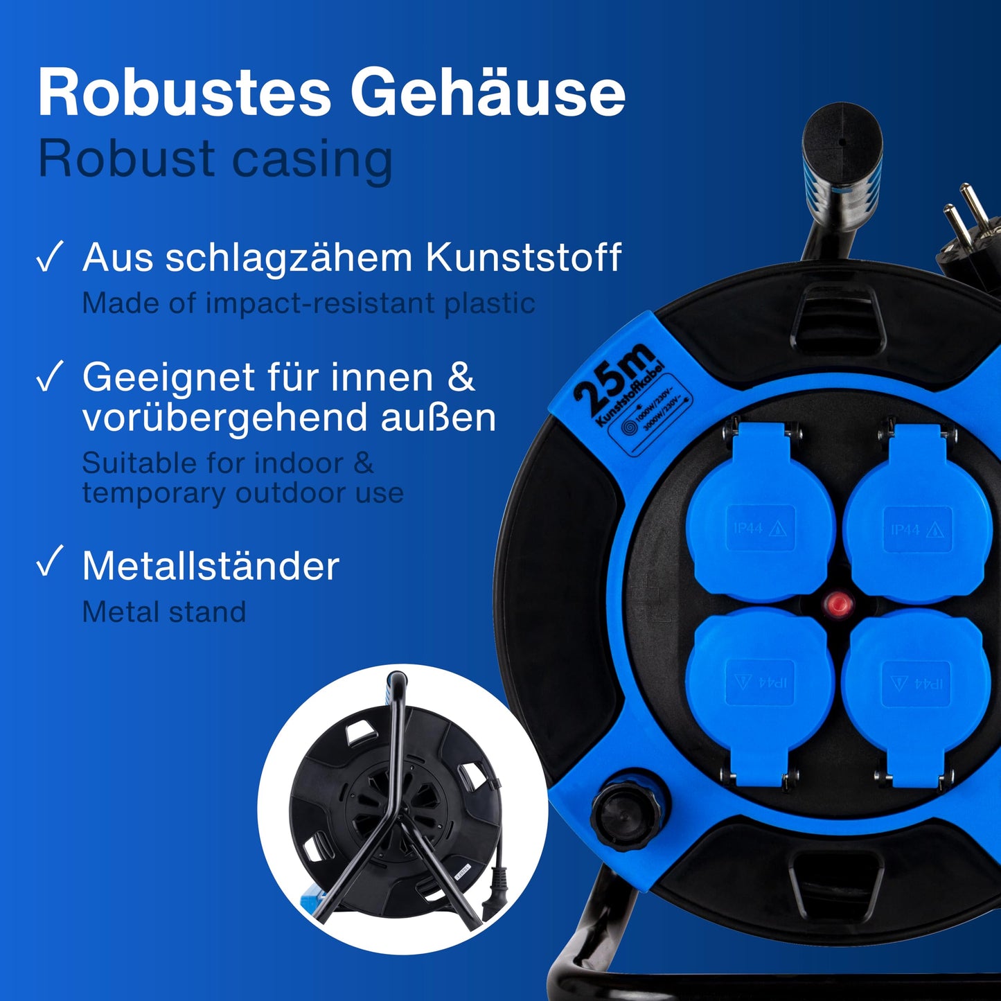 REV Kabeltrommel, IP44, Outdoor, 4 Schutzkontaktsteckdosen, 25m, schwarz