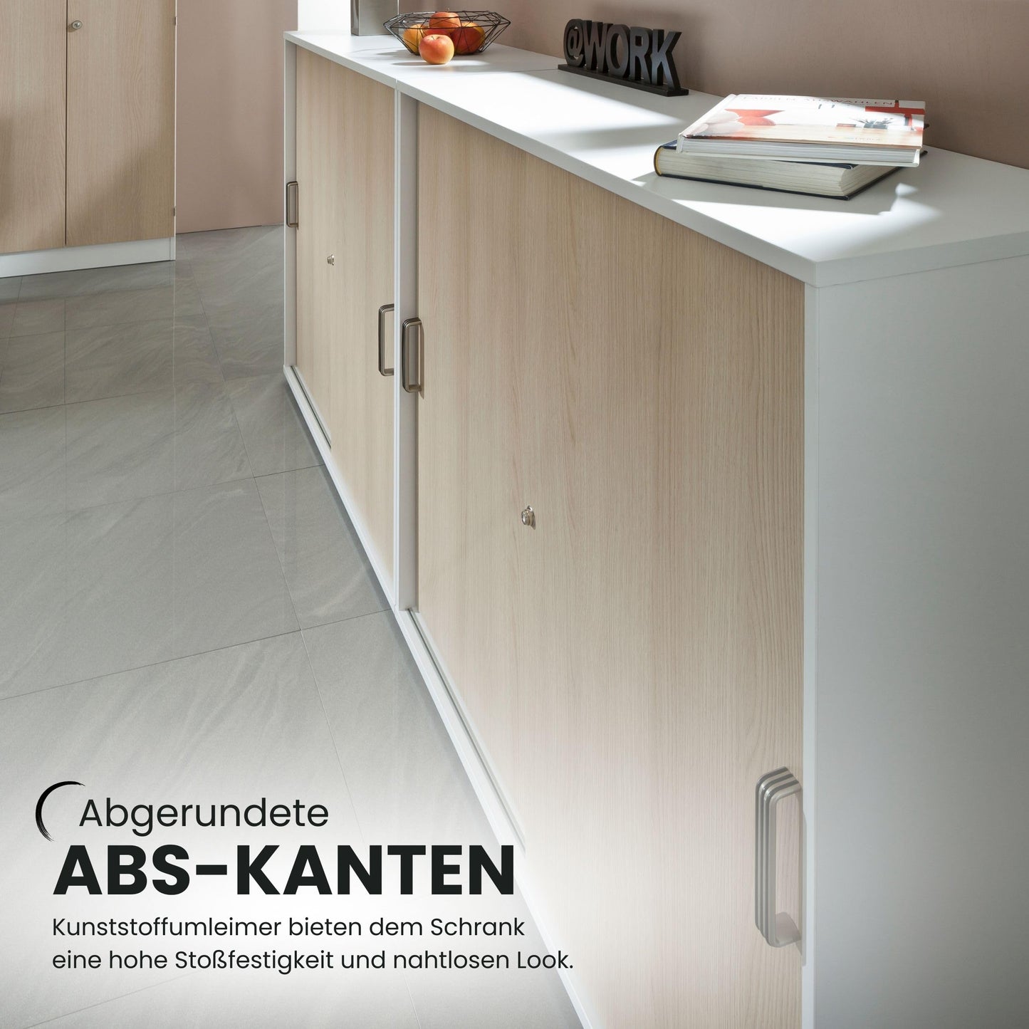 bümö Schiebetürenschrank 3OH - Aktenschrank abschließbar, Sideboard Schrank mit Schiebetüren in Weiß/Eiche - Büroschrank aus Holz mit Schiebetür, Büro Kommode für Ordner & Co.