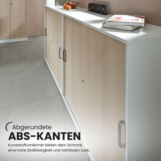 bümö Schiebetürenschrank 3OH - Aktenschrank abschließbar, Sideboard Schrank mit Schiebetüren in Weiß/Eiche - Büroschrank aus Holz mit Schiebetür, Büro Kommode für Ordner & Co.