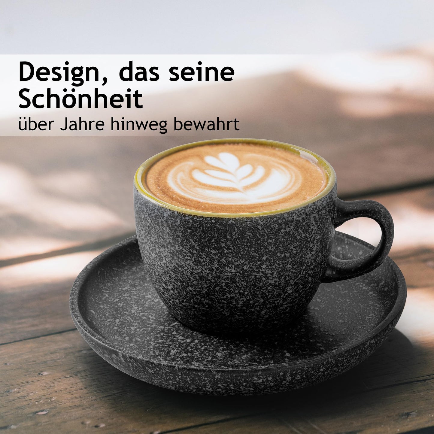 MIAMIO - 190 ml stapelbare Cappuccinotassen aus Keramik mit Untertassen und Metallständer - 6er Tassen aus Steingut für Kaffee, Americano, Latte, Café Mocha und Tee - Las Palmitas Collection