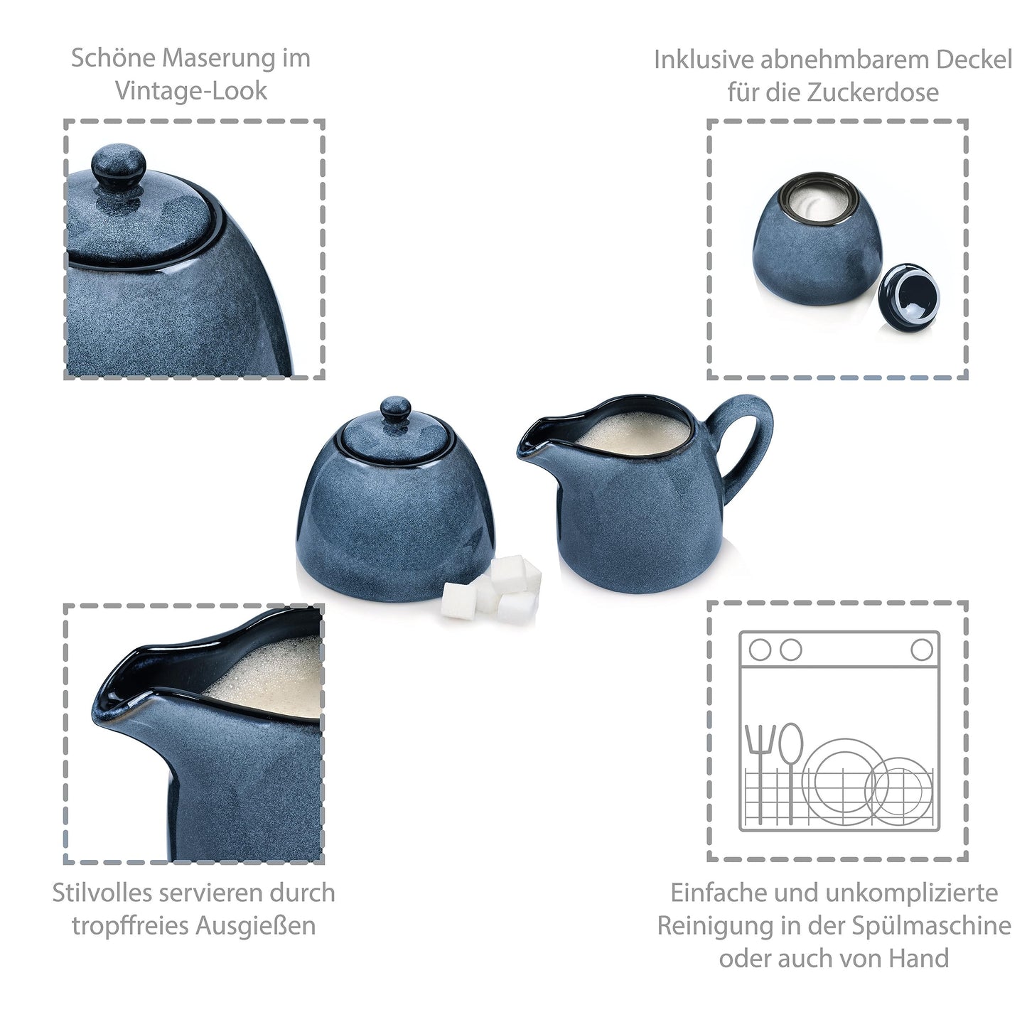 Sänger | Milch und Zucker Set Darwin 3 TLG, Zuckerdose und Milchkännchen Set Steingut, Zuckerdose mit Deckel und Milchkanne, Milchbehälter und Zuckerdosierer, Zuckerbehälter Blau | Premium Collection