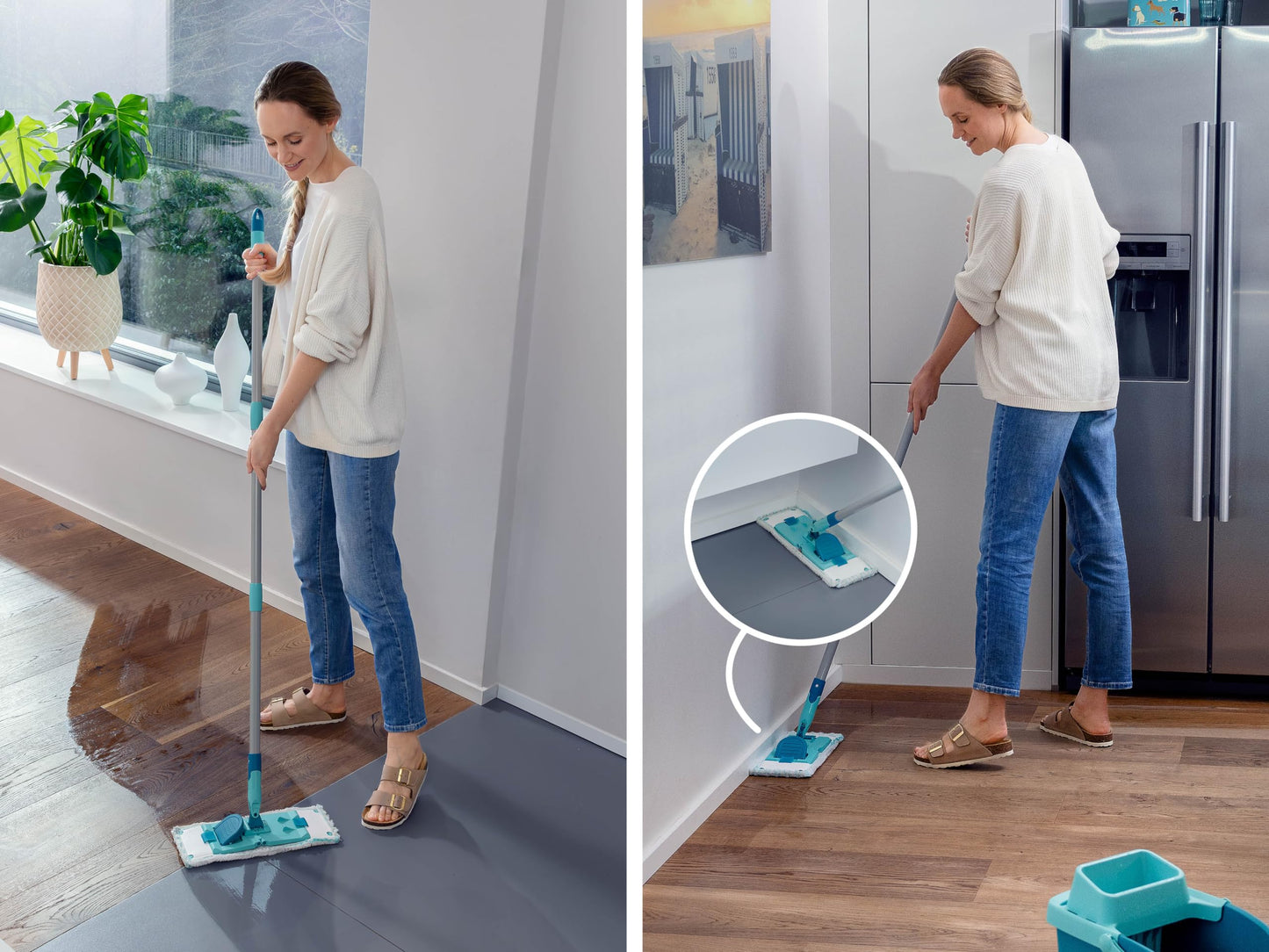 Leifheit Set POWER CLEAN, Wischer für Alle, rückenschonender Bodenwischer mit Reinigungsklingen, Wischtuchpresse, Wischmopp Set mit Eimer und 2x Mikrofaser Wischbezüge für alle Hartböden, Click-System