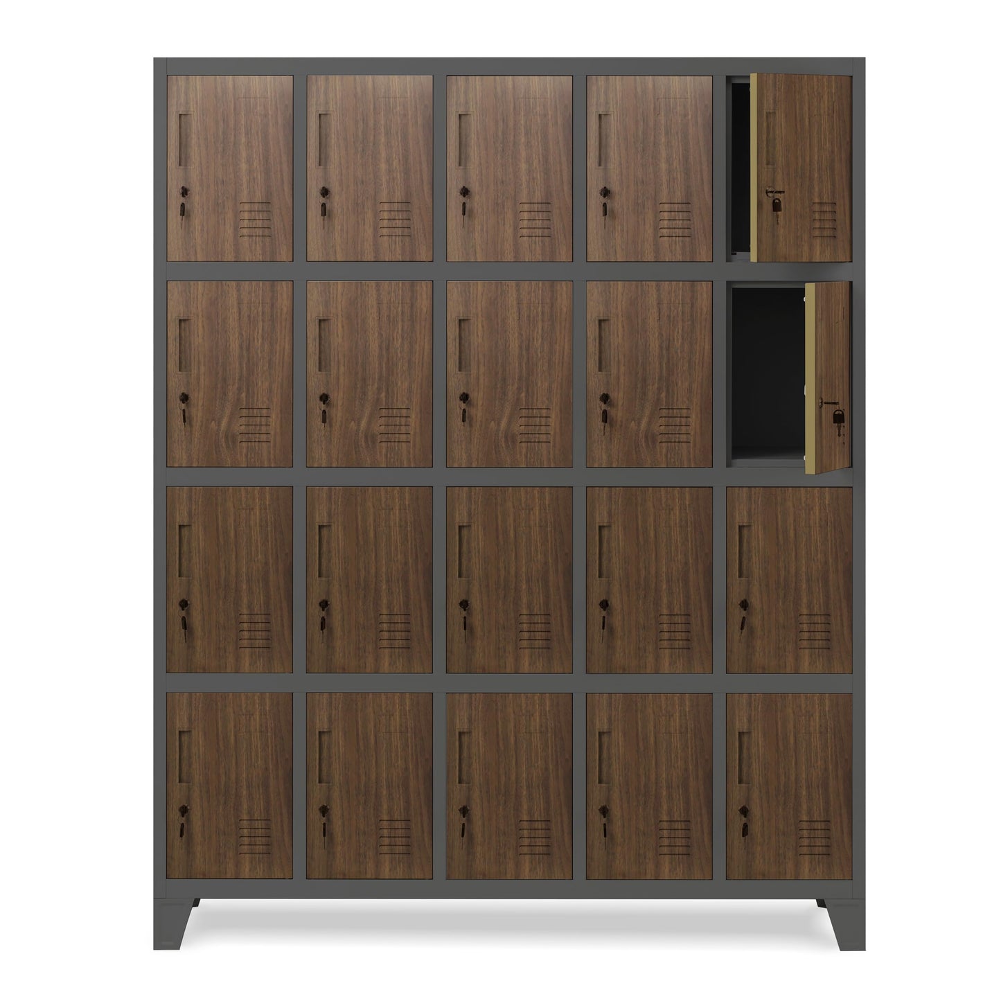 Domator Umkleideschrank 5B4A Fächerschrank Schließfachschrank mit 20 Fächern Wertfachschrank Metall Pulverbeschichtung 172 cm x 136 cm x 45 cm (H x B x T) (Anthrazit-Holzoptik)