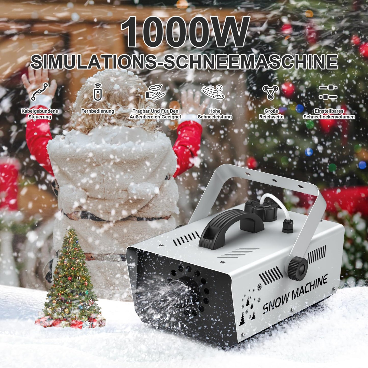 Schneemaschine 1000W, Schaummaschine mit Fernbedienung und kabelgebundener Steuerung, 1L Tank für Weihnachten, Hochzeiten, Fotografie, Partys, Kinderbühnen, Paraden