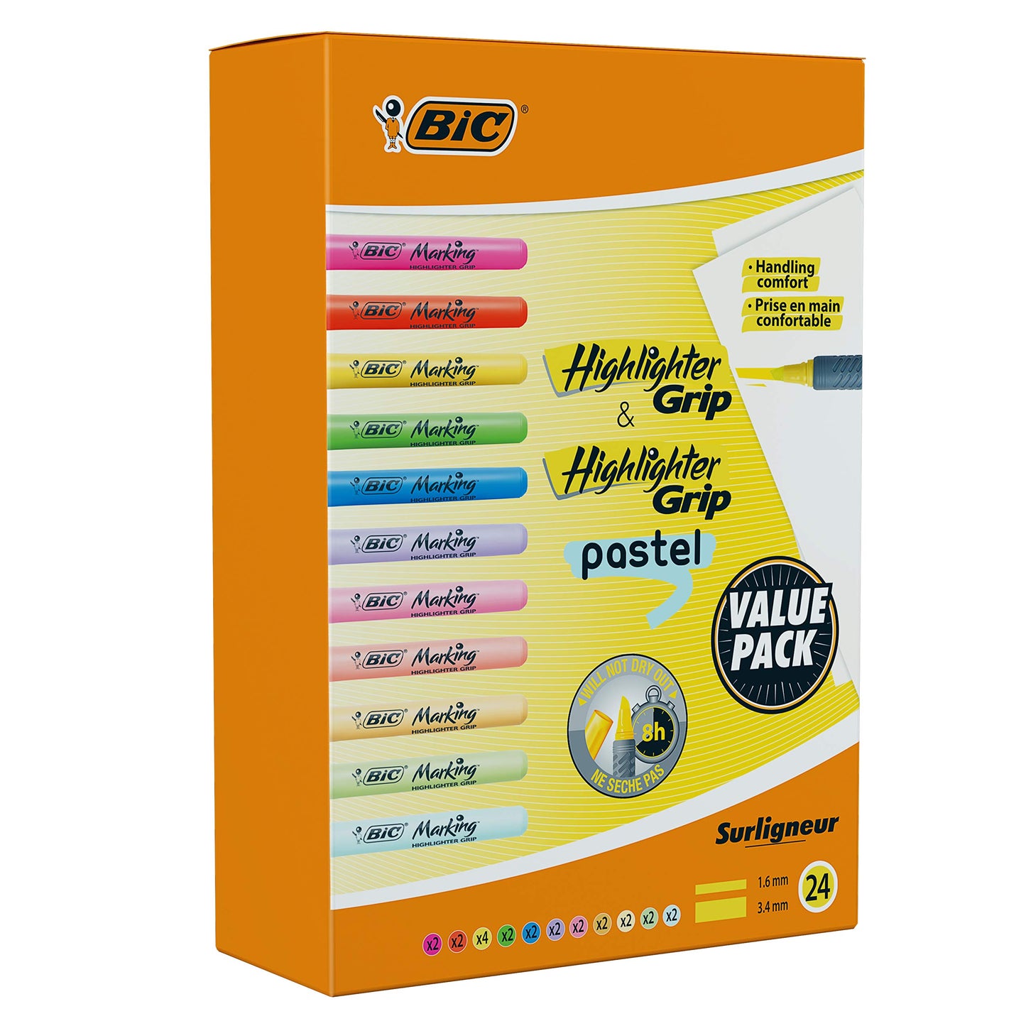 BIC Highlighter, Textmarker, 24er Pack, in verschiedenen Farben inkl. Pastell, mit Keilspitze, Strichstärke: 1.6 bis 3.4 mm, mit Austrocknungsschutz