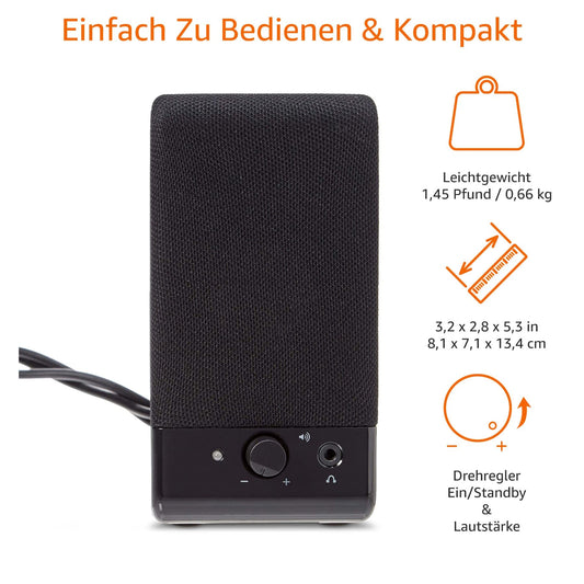 Amazon Basics Computer-Lautsprecher für Schreibtisch-PC oder Laptop , USB-Betrieb, Schwarz, 7,1 x 8,1 x 13,4 cm