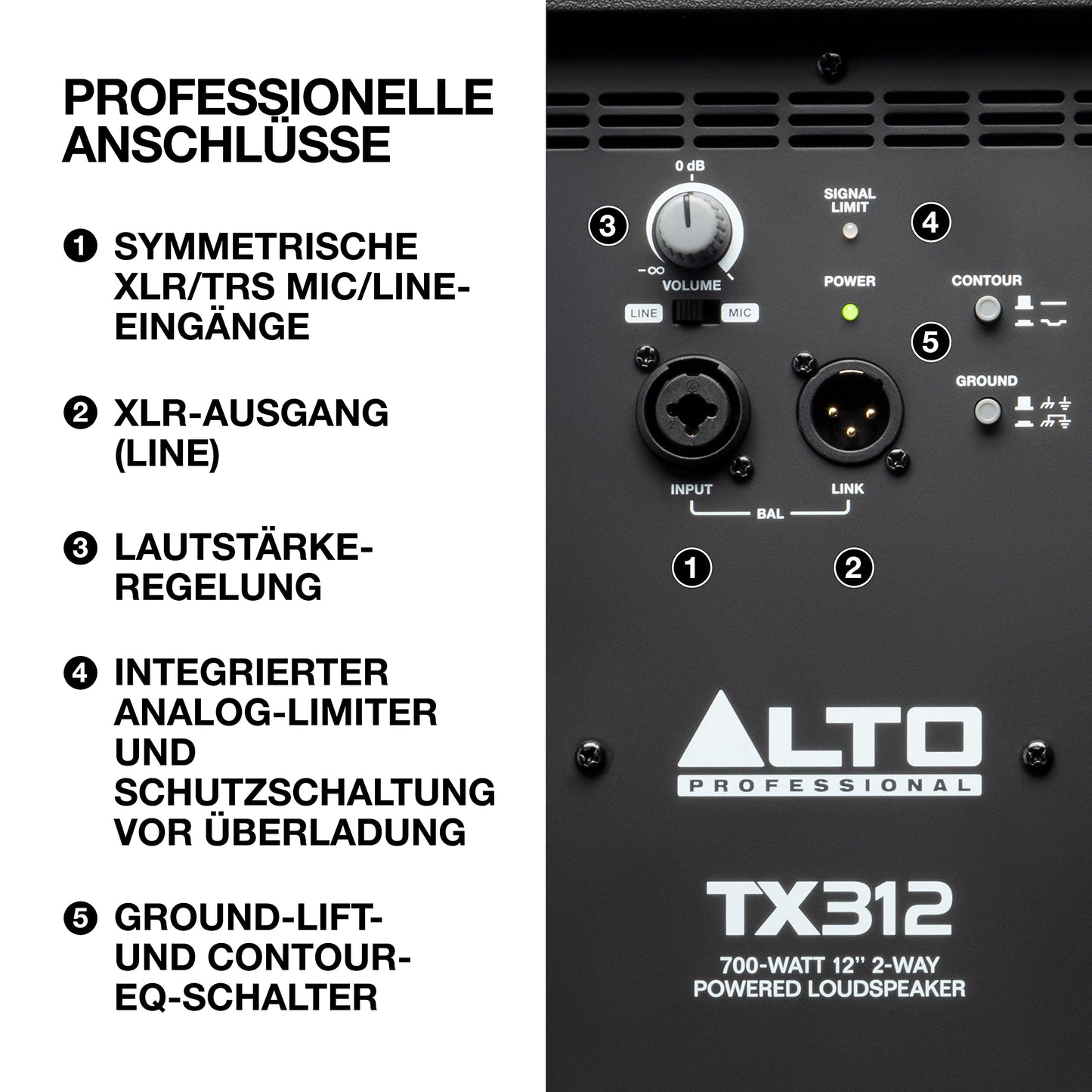 Alto Professional TX312 – 700 Watt 12-Zoll 2-Wege aktiver PA-Lautsprecher mit Signal-Limiting und schaltbarem Mikrofon/Line-Preamp und XLR In/Out