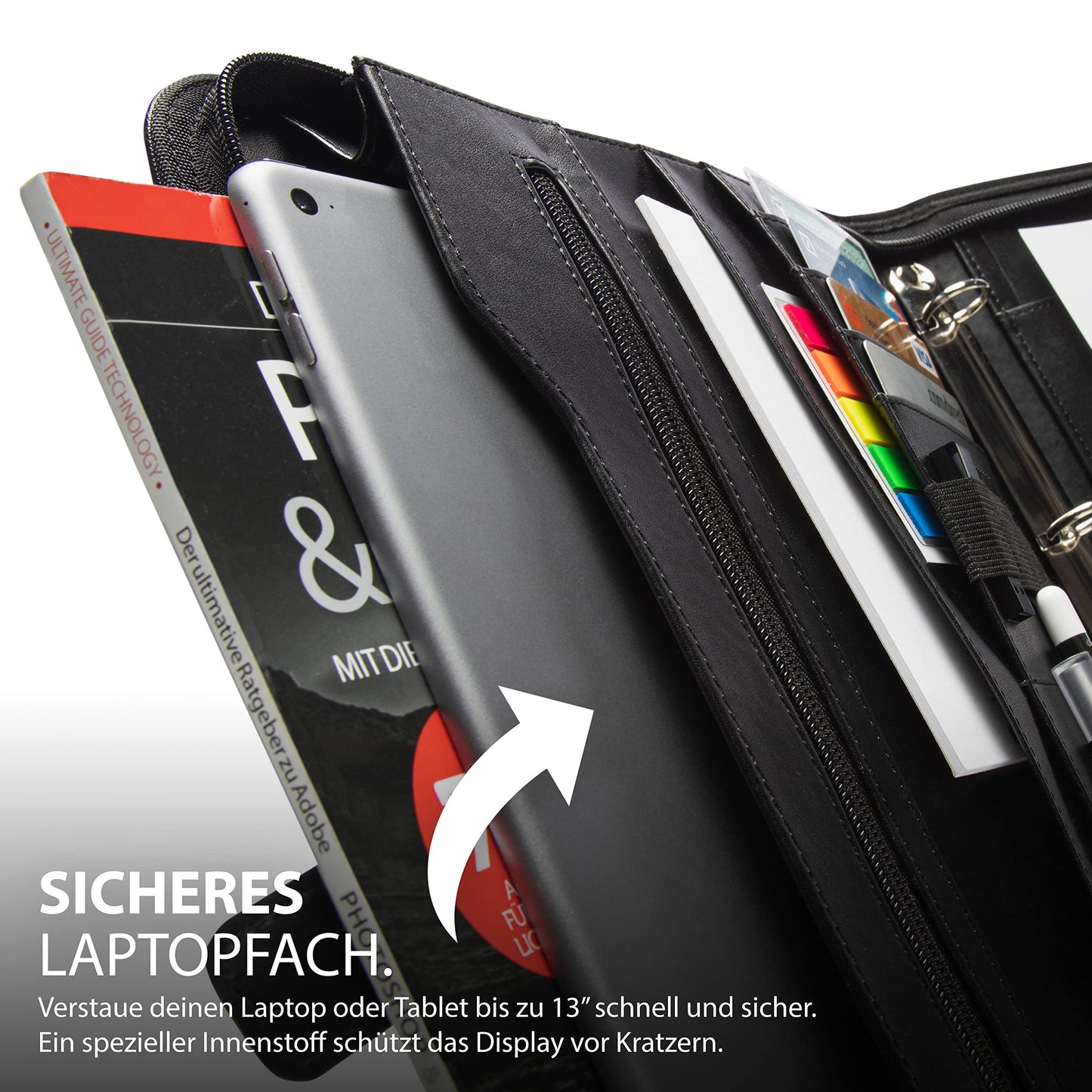 Vebon® Schreibmappe Ringbuch A4 Berlin I Reißverschluss + Klemmbrett I Konferenzmappe + Laptoptasche I extra Stauraum I Schwarz I Kunstleder