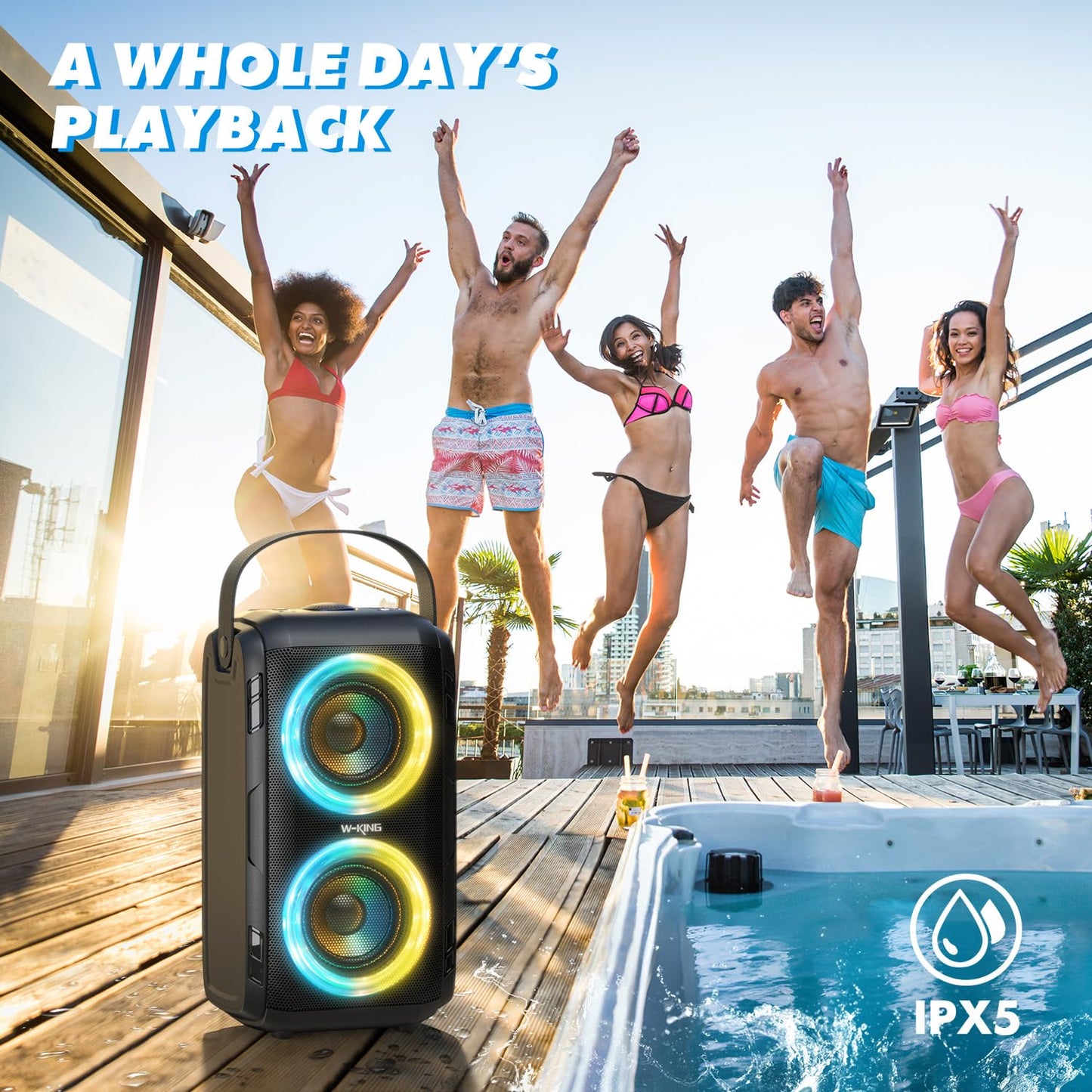W-KING Bluetooth Lautsprecher mit 2 Vollfrequenztreiber– Superbass, Bluetooth Box Musikbox Party Lautsprecher mit 80 W und LED-Beleuchtung, 105dB-Sound, IPX5, 24 Stunden, U-Disk, TF-Karte, AUX, EQ
