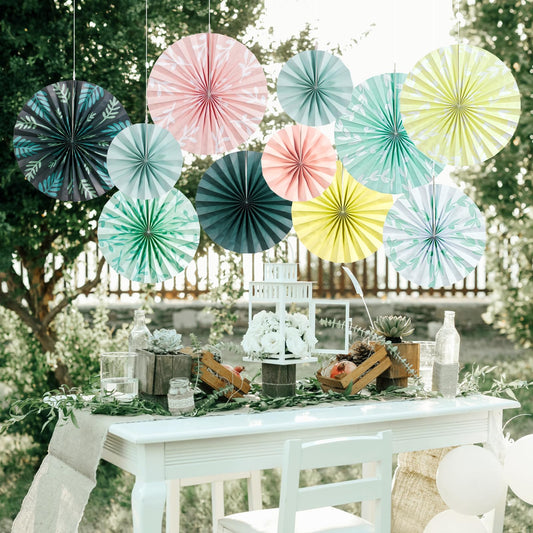SUNBEAUTY 11er Set Papier Fächer Dekoration Hanging Party Dunkelgrün Gelblich Papierfächer Rosa Salbeigrün Party Deko Set für Geburtstag Hochzeit Tischdeko Backdrop Garland