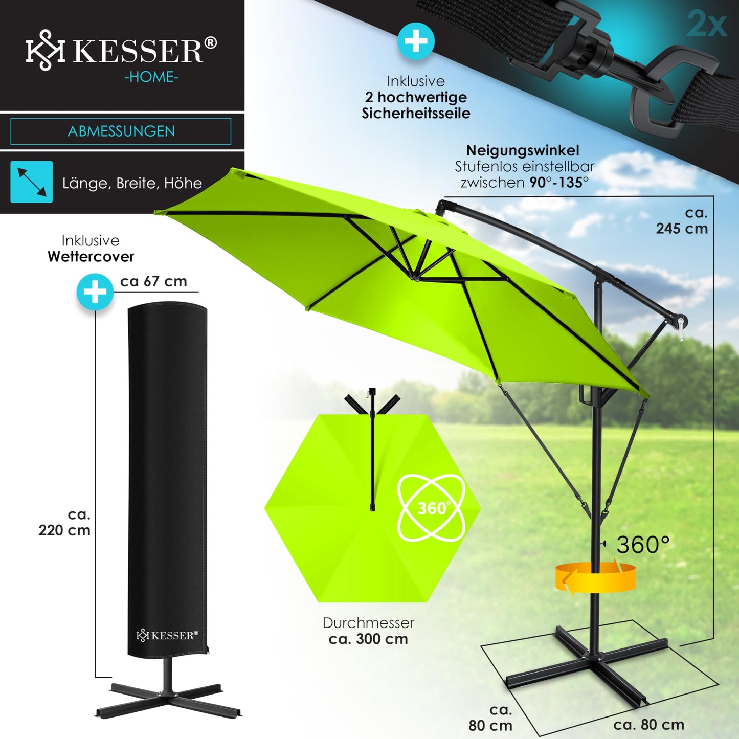 KESSER® Alu Ampelschirm Sonnenschirm + Abdeckung Ø350 cm & Kurbelvorrichtung Kurbelschirm mit Ständer UV-Schutz Aluminium Wasserabweisende Bespannung 360° Funktion Garten-Schirm Marktschirm Hellgrün