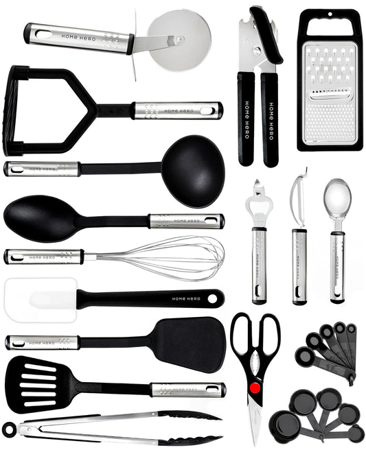 Küchenutensilien Set Kochset - Antihaft Hitzebeständiger Küchenhelfer Set - Pfannenwender Kochlöffel set - Küchen Gadgets (25-tlg Nylon Set)