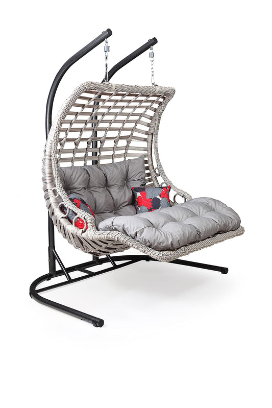 Alveon Hängesessel mit Gestell & Kissen Handgeflechtet Hängestuhl Rattan Hängematte Hängekorb Garten Balkonmöbel Hängeschaukel Bodrum Double(Weiß)