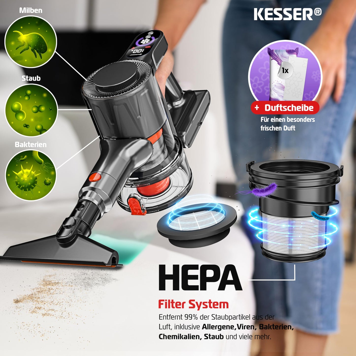 KESSER® Akku-Staubsauger 2in1 | Handstaubsauger ohne Beutel mit HEPA-Filter | Akkusauger bis 45 Min. Laufzeit + Fugendüse & Staubbürste | LED-Licht XL Staubbehälter für Hartböden Teppich Tierhaare