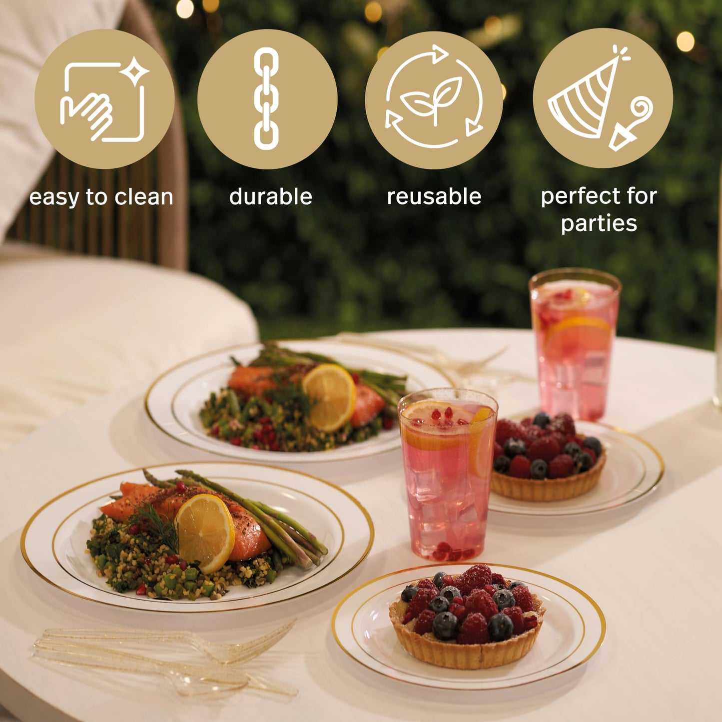 MATANA 150 Stück Mehrweg Partygeschirr Set in Weiß & Gold für 25 Gäste - 25 Plastikteller 25 Dessertteller 25 Löffel 25 Gabeln 25 Messer & 25 Partybecher - Hochzeiten, Geburtstage & Partys