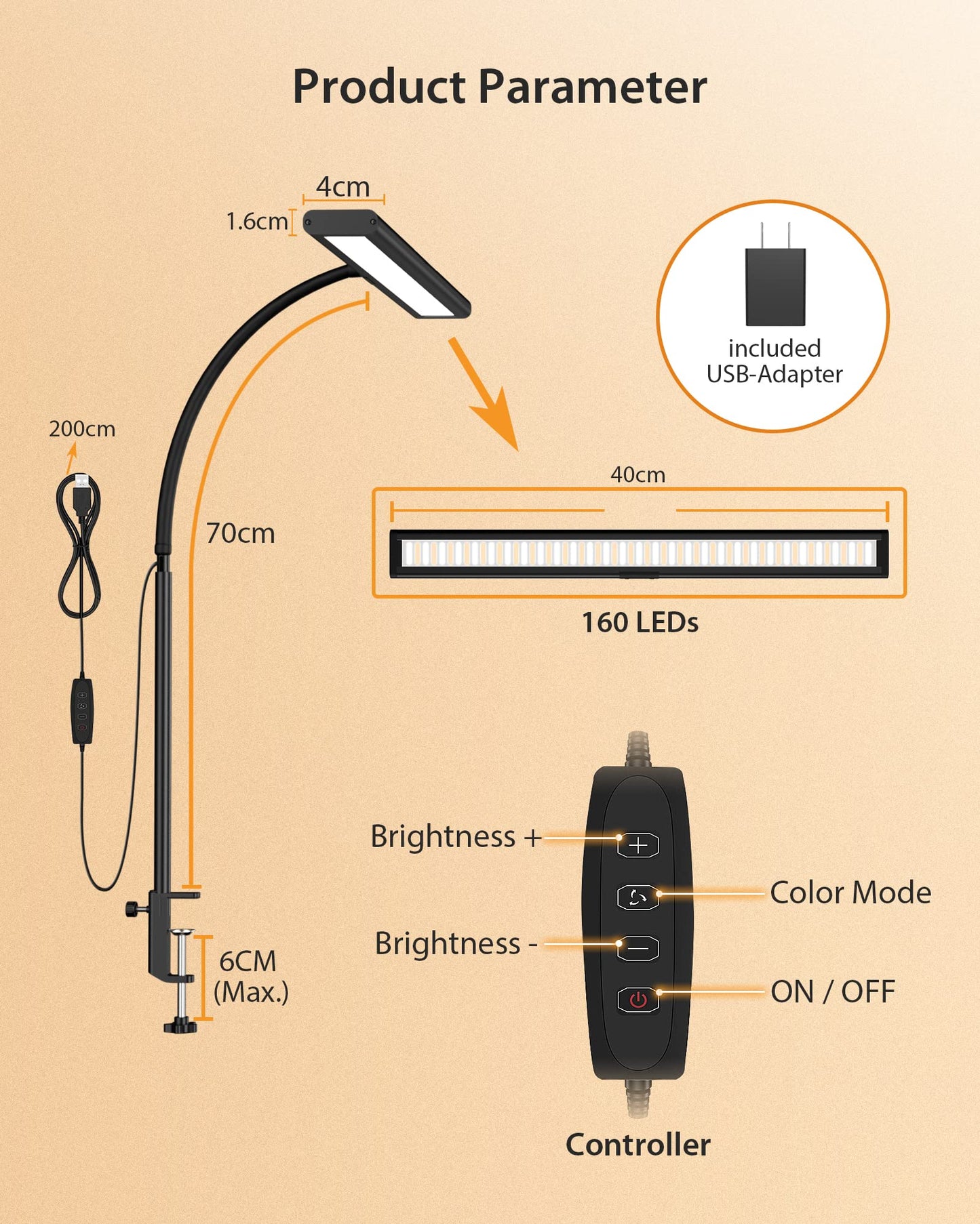iFalarila 10W Schreibtischlampe Dimmbar - 160 LED Super Helle Klemmleuchte mit USB-Adapter | 3 Farbtemperaturen & 10 Helligkeitsstufen | 70cm Flexiblem Schwanenhals, Arbeitslampe für Home Office