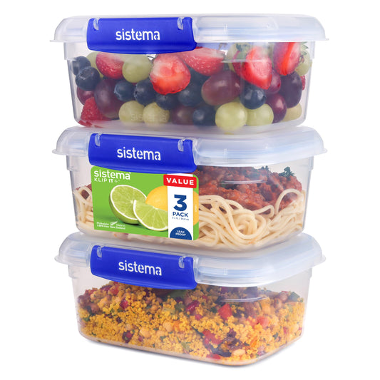Sistema KLIP IT PLUS Frischhaltedosen Set | 1 l rechteckig | auslaufsichere, stapelbare und luftdichte Vorratsdosen mit Deckel | geeignet für Kühl-/Gefrierschrank | BPA-frei | 3 Stück