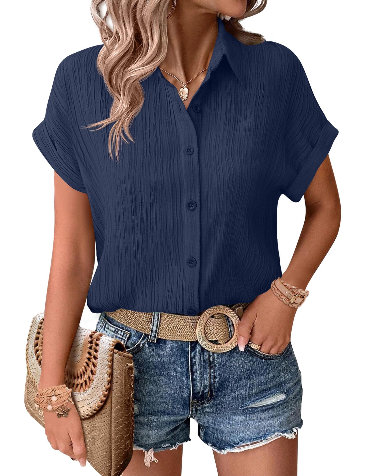 Zeagoo Damen Bluse Kurzarm Knöpfen Hemden Basic Arbeit Büro Formelle Casual Blusen Elegant Oberteile