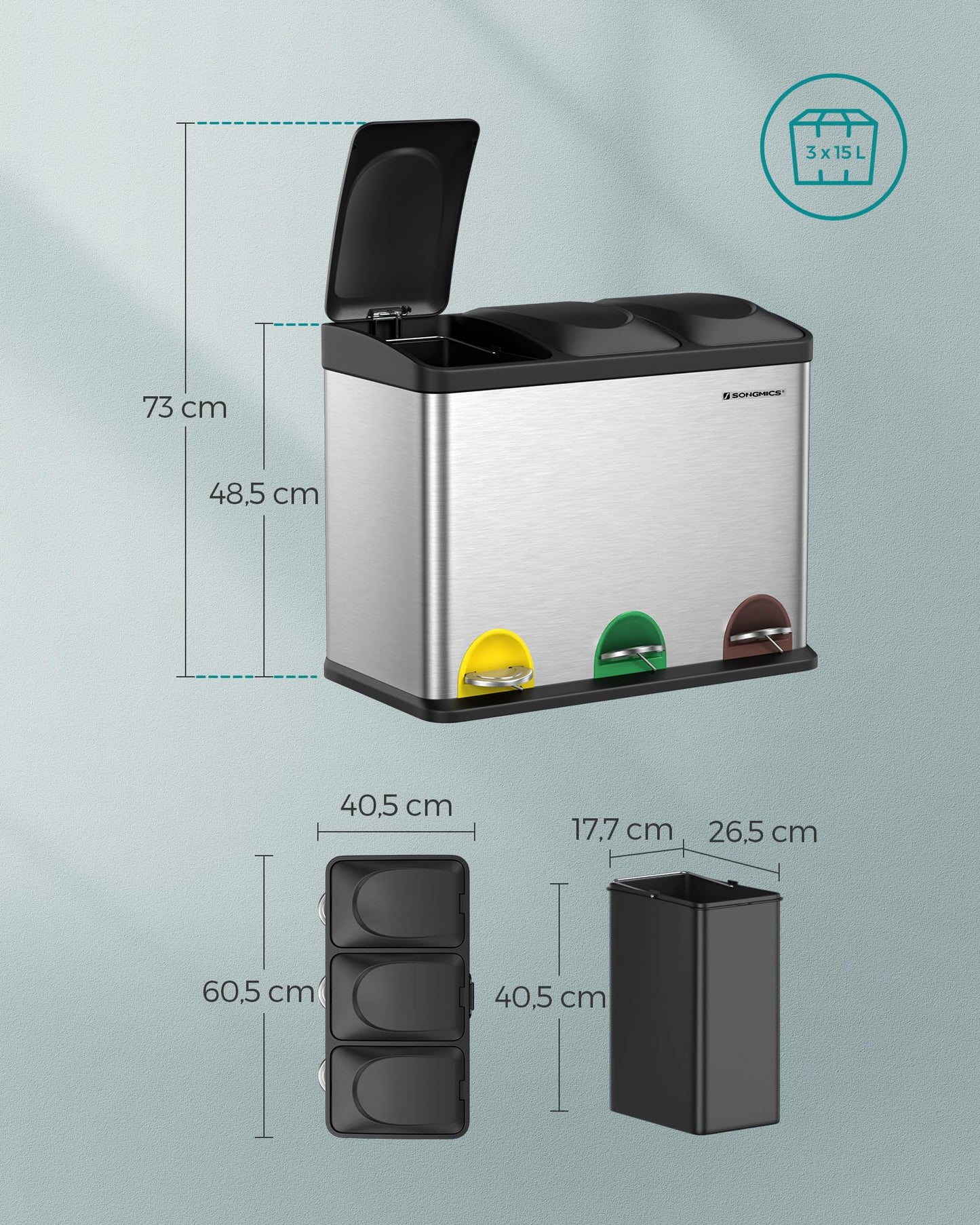 SONGMICS Mülleimer Küche, Mülltrennsystem 3 Fächer, Abfalleimer, 45 Liter Treteimer aus Metall, 3 x 15 Liter, Tretmülleimer mit Deckel, Stahl, metallisches Silber-tintenschwarz LTB45L