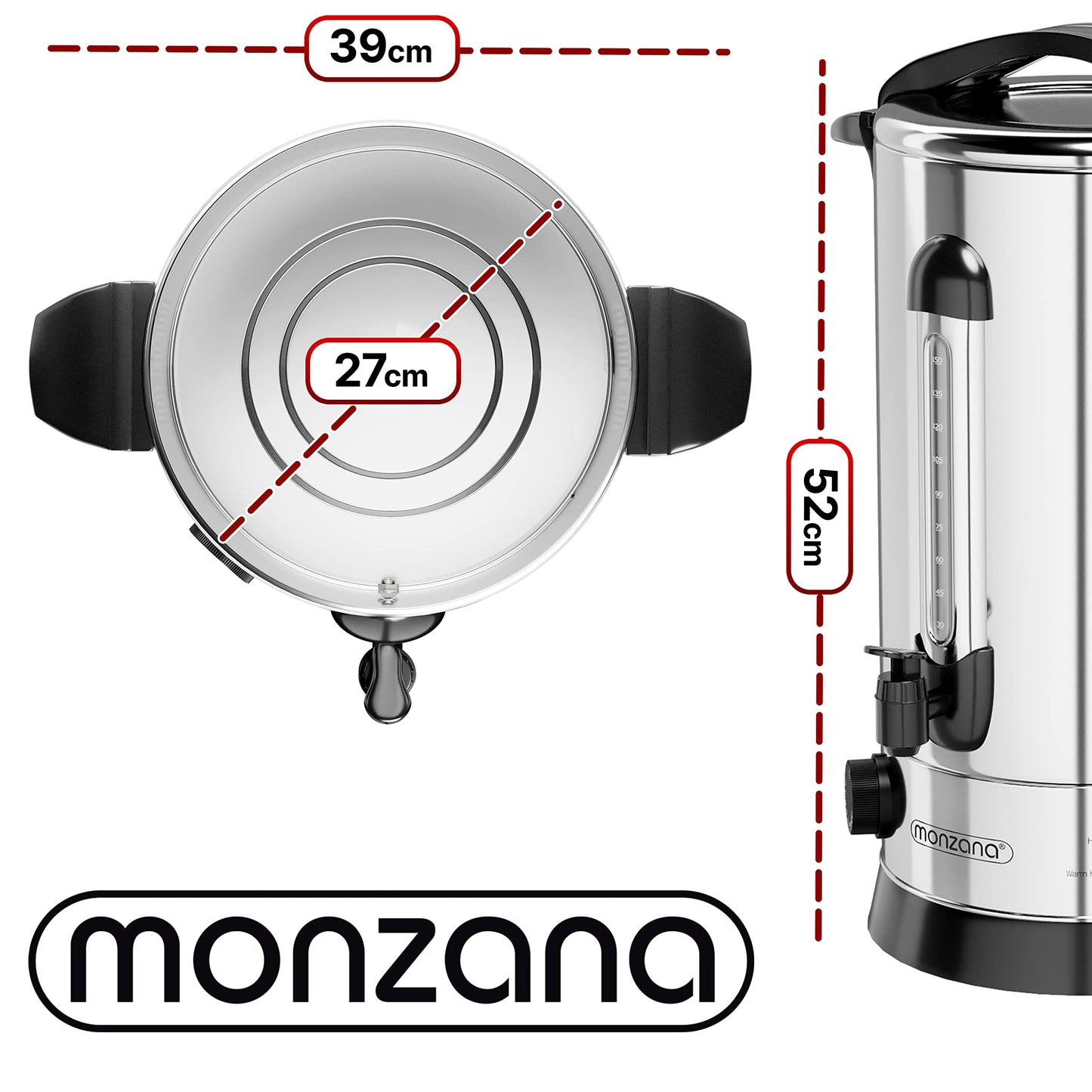 MONZANA® Glühweinkocher 20L mit Zapfhahn 90 Tassen Edelstahl Temperatureinstellung 30-110°C Heißgetränkespender Punschkocher Heißgetränkeautomat, Silber