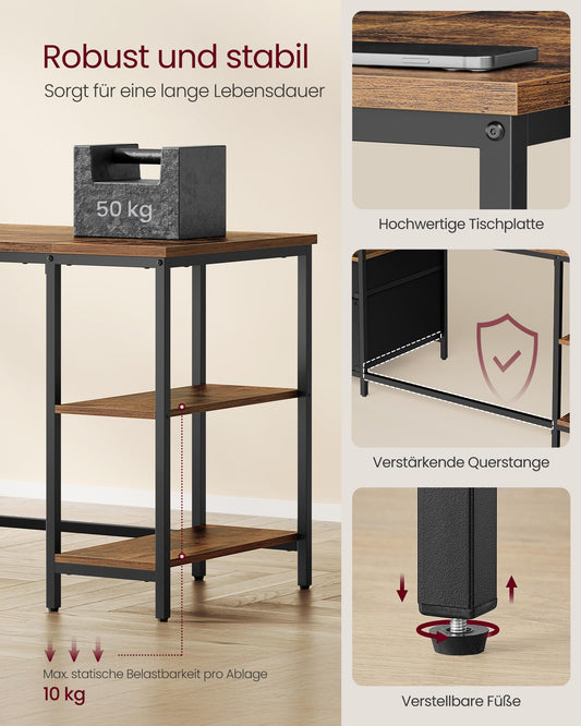 VASAGLE Computertisch, Bürotisch, Schreibtisch, mit 3 Ablagen, 2 Schubladen, 160 x 60 x 76 cm, fürs Büro, Wohnzimmer, Industrie-Stil, vintagebraun-schwarz LWD105K01